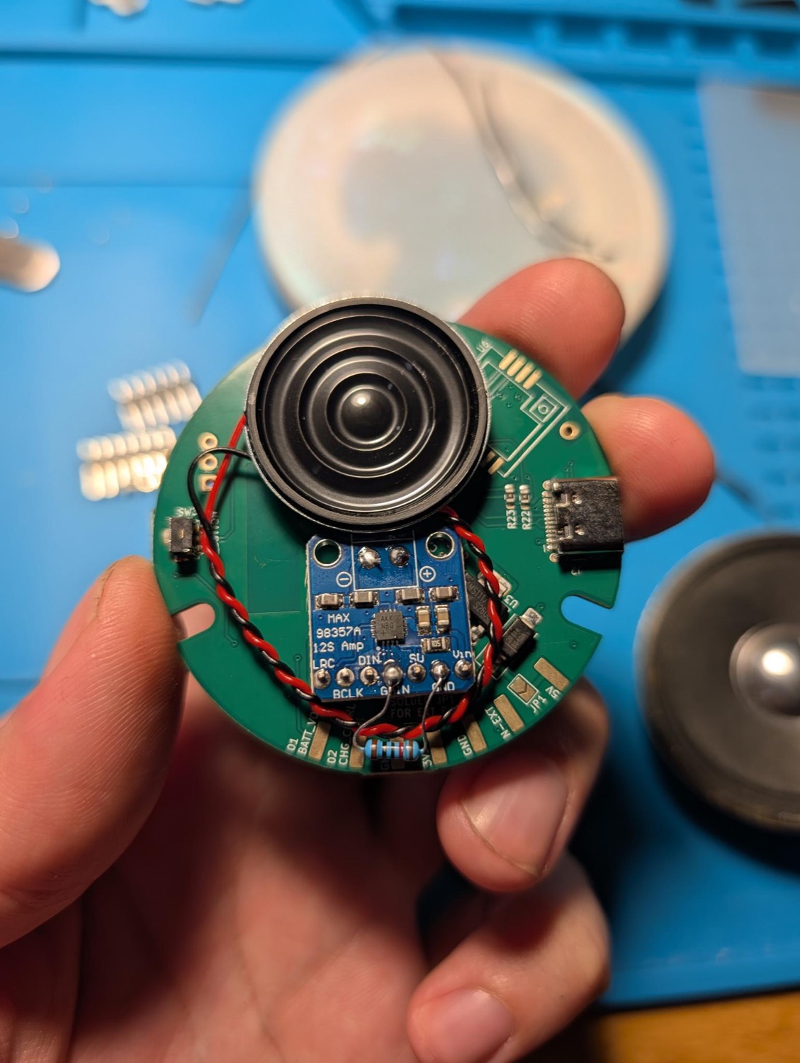 A MAX98357A I2S amplifier and a speaker wired to the Newsheen J3 header