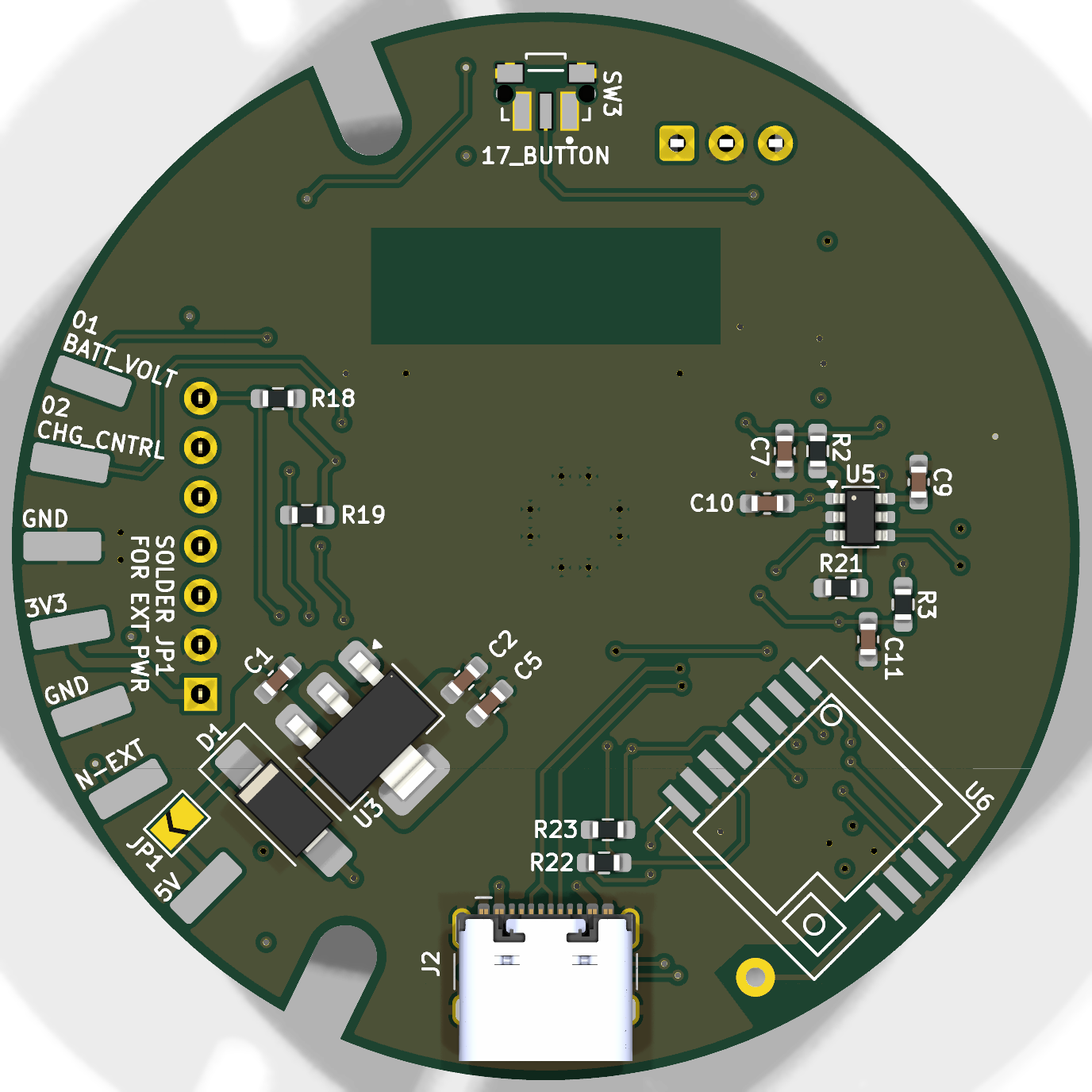 Bottom render of the Newsheen board — USB-C, the solder-pad power interface, JP1, and the 3V3 regulator