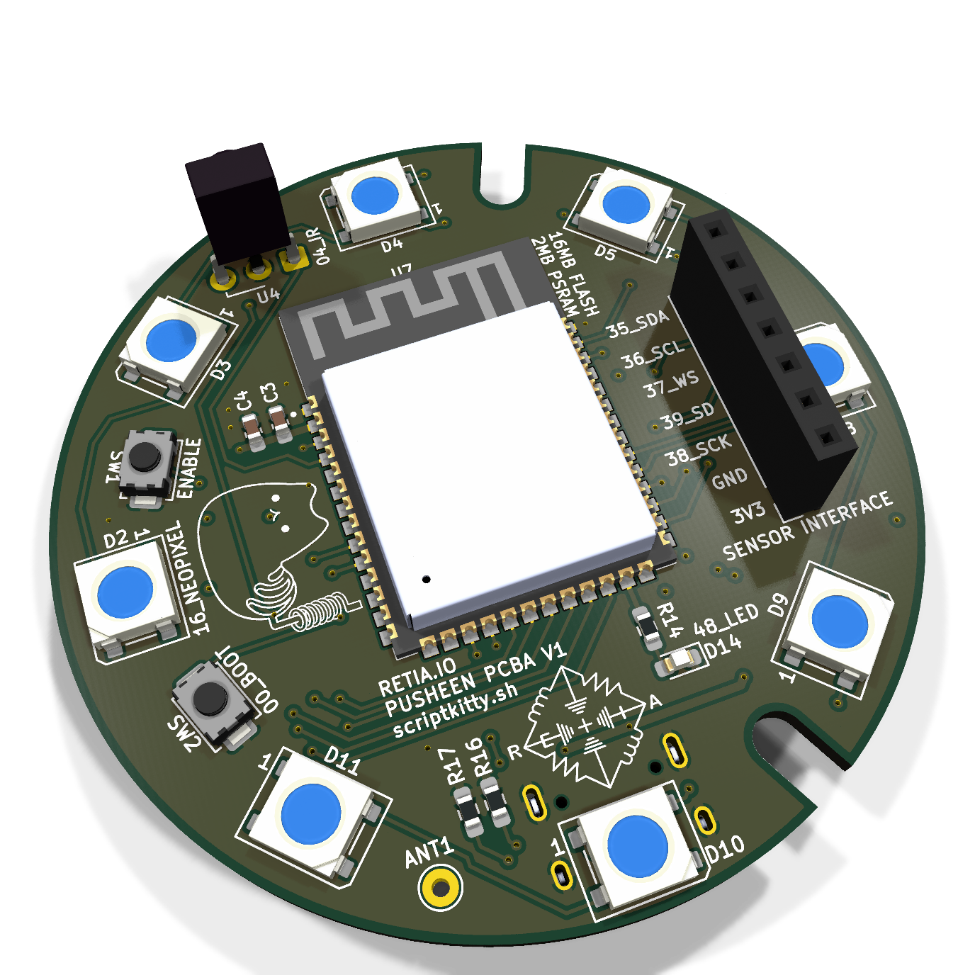 Perspective render of the Newsheen ESP32-S3 controller board