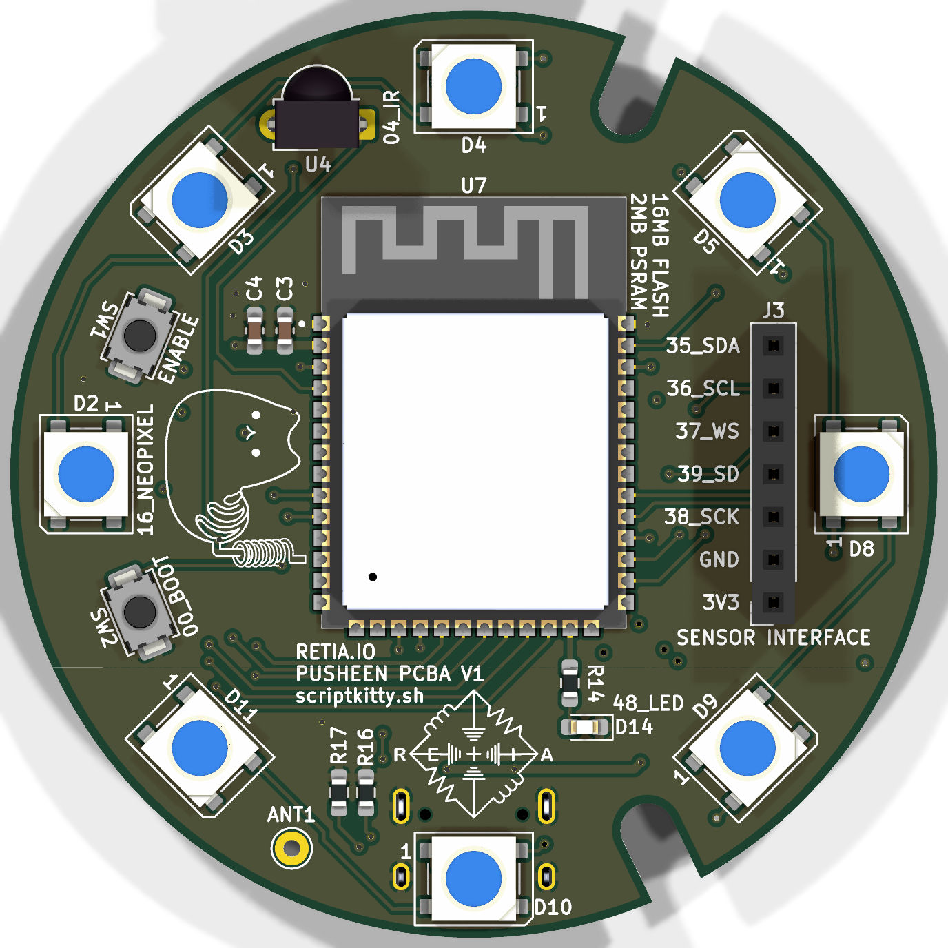 Top render of the Newsheen board — eight WS2812B LEDs around the edge, the ESP32-S3 in the center, the sensor header and buttons
